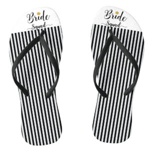 Bride Squad gold flower black white stripes Thongs