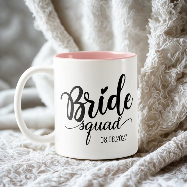 'Bride Squad' modern black script custom wedding  Two-Tone Coffee Mug (Creator Uploaded)