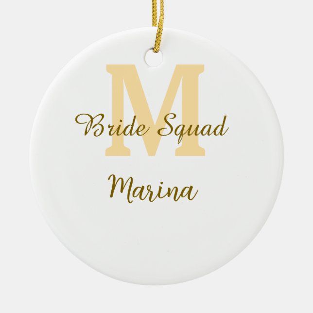 Bride squad monogram golden bridal shower simple  ceramic ornament (Front)