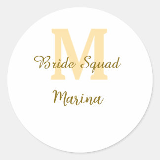 Bride squad monogram golden bridal shower simple classic round sticker