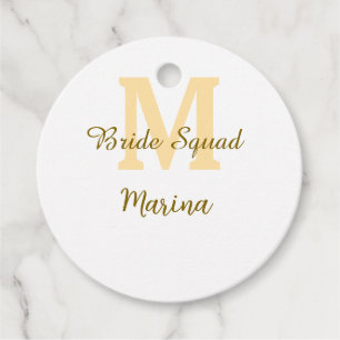 Bride squad monogram golden bridal shower simple favour tags