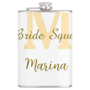 Bride squad monogram golden bridal shower simple  hip flask
