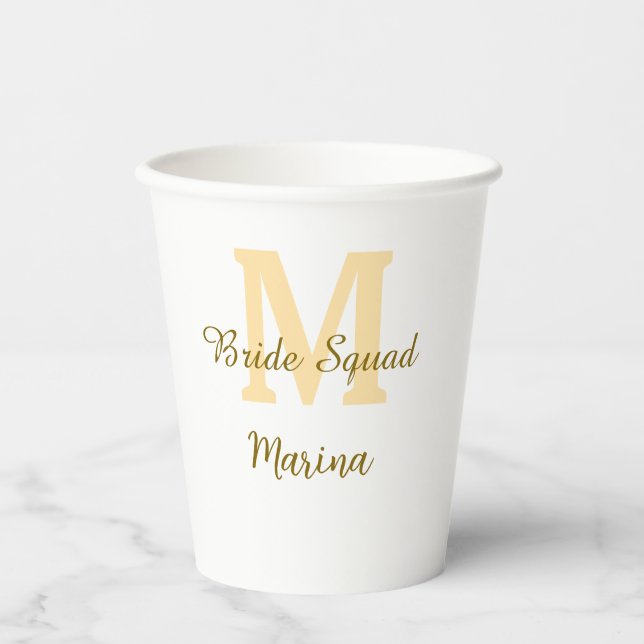 Bride squad monogram golden bridal shower simple  paper cups (Front)