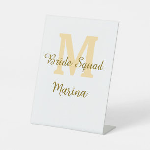 Bride squad monogram golden bridal shower simple pedestal sign