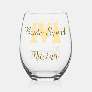 Bride squad monogram golden bridal shower simple  stemless wine glass