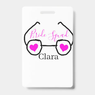 Bride squad pink black googles heart bridesmaid ID badge