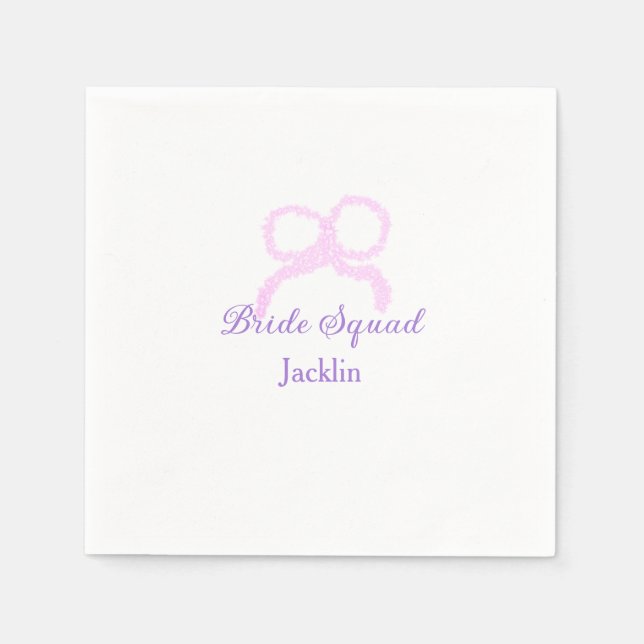 Bride squad pink glitter bow star bridesmaid name  napkin (Front)