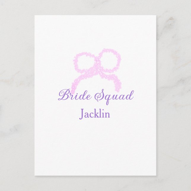 Bride squad pink glitter bow star bridesmaid name  postcard (Front)