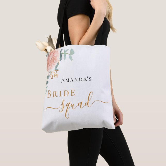 Bride squad rose gold floral eucalyptus greenery tote bag (Close Up)