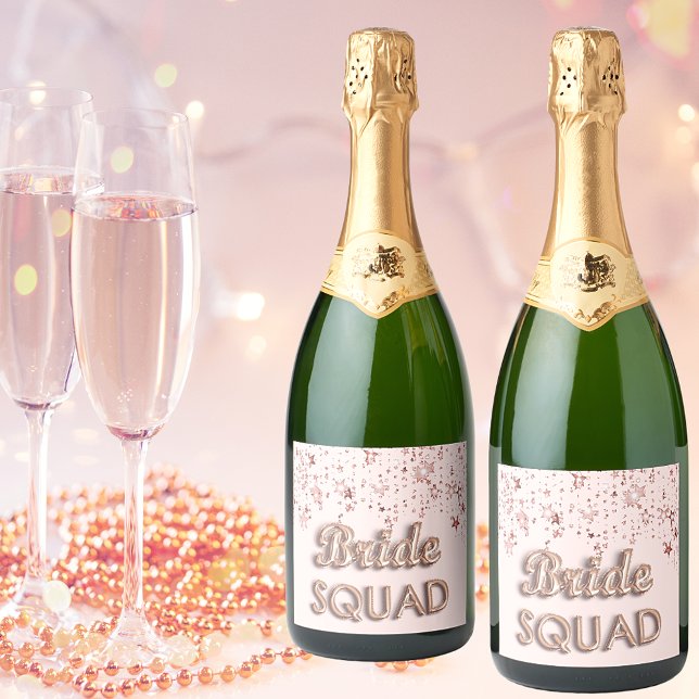 Bride squad rose gold pink stars bachelotette sparkling wine label (Creator Uploaded)