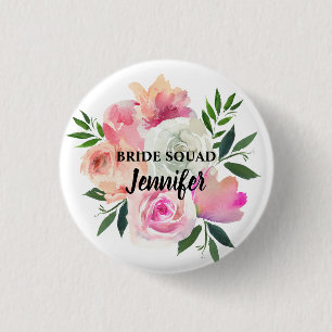Bride Squad, Tribe, Team Pink Blush & Grey Floral 3 Cm Round Badge