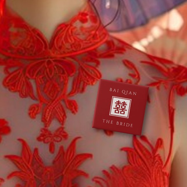 BRIDE Square Red Double Happiness Chinese Wedding 15 Cm Square Badge (BRIDESMAID Red/Ivory White Classic Square Double Happiness Wedding Button @ fatfatin_red_knot)
