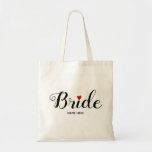 Bride sript calligraphy red heart wedding tote bag<br><div class="desc">Bride sript calligraphy and red love heart wedding Tote Bag. The word "Bride" in cursive script calligraphy and a red heart over the letter "i" adorn this modern tote bag. Below it there is space to add name.</div>