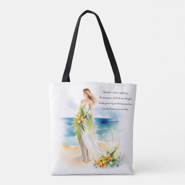 Bride standing by the beach | Watercolor Wedding Tote Bag (Back)