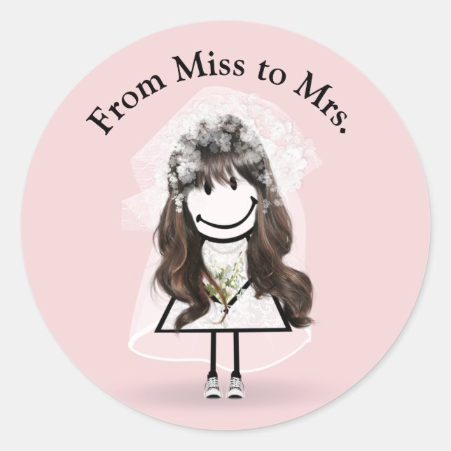 Bride Stick Girl In Sneakers On Pink   Classic Round Sticker (Front)