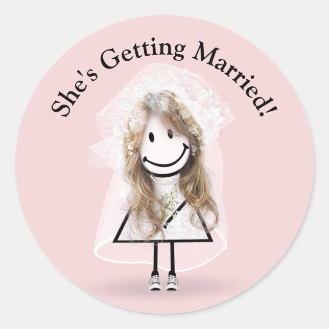 Bride Stick Girl In Sneakers On Pink   Classic Round Sticker (Front)