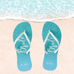 Bride teal blue glitter aqua sea green monogram thongs<br><div class="desc">A teal,  blue sea,  ocean green glitter gradient background. Personalise and add a name and monogram letters. A modern hand lettered style script,  white and blue letters</div>