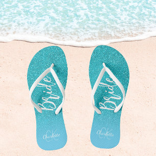 Bride teal blue glitter aqua sea green monogram thongs