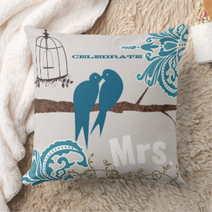 Bride Teal Damask Kissing Love Birds Birdcage Cushion