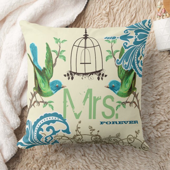 Bride Teal Green Damask Bird Birdcage Mrs. Forever Cushion (Blanket)