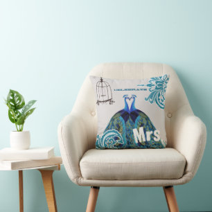 Bride Teal Kissing Love Birds Peacock Birdcage Cushion