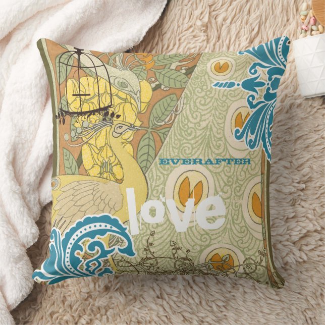 Bride Teal Yellow Coral & Olive Peacock Birdcage Cushion (Blanket)