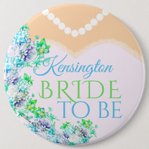 Bride To Be Blue and Green Watercolor Flowers 6 Cm Round Badge
