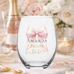 Bride to be blush pink bow pearls Bachelorette Stemless Wine Glass<br><div class="desc">Celebrate in style with this elegant bachelorette party wine glass. The design features a delicate blush pink bow accented with pearls and sophisticated gold-toned typography. It makes a perfect commemorative gift for the bride-to-be to use during her bridal shower or girls' night out.</div>