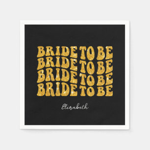 Bride to Be Gold Glitter Text with Name, Black Napkin