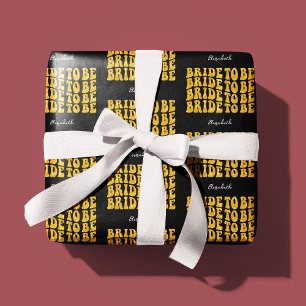 Bride to Be Gold Glitter Text with Name, Black Wrapping Paper