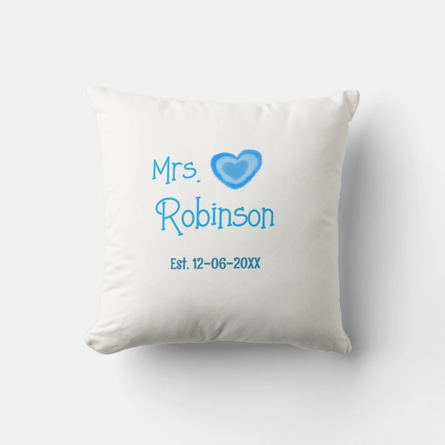 Bride to be Mrs add name date blue heart watercolo Cushion (Front)
