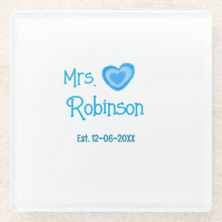 Bride to be Mrs add name date blue heart watercolo Glass Coaster