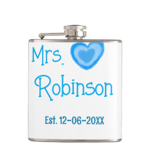 Bride to be Mrs add name date blue heart watercolo Hip Flask