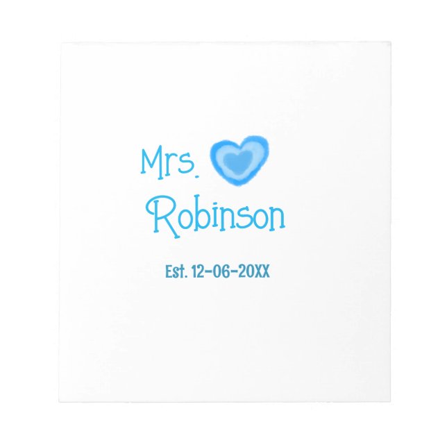 Bride to be Mrs add name date blue heart watercolo Notepad (Front)