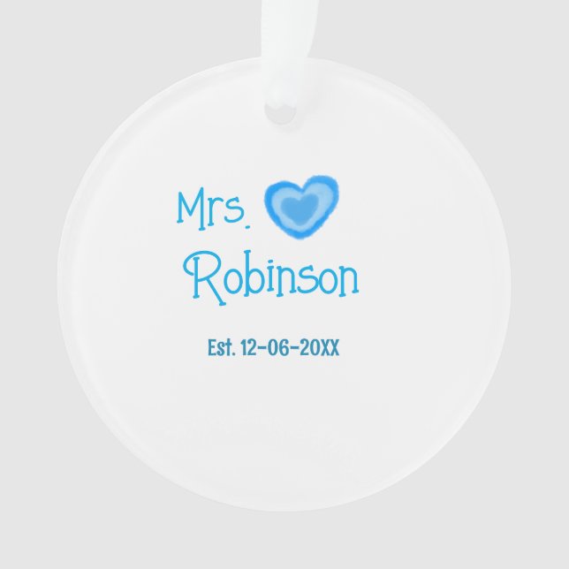 Bride to be Mrs add name date blue heart watercolo Ornament (Front)