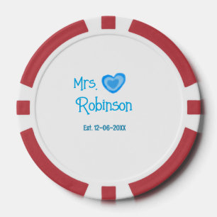 Bride to be Mrs add name date blue heart watercolo Poker Chips