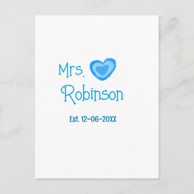 Bride to be Mrs add name date blue heart watercolo Postcard (Front)