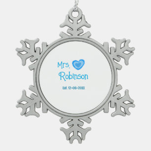 Bride to be Mrs add name date blue heart watercolo Snowflake Pewter Christmas Ornament