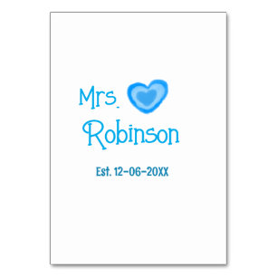 Bride to be Mrs add name date blue heart watercolo Table Number