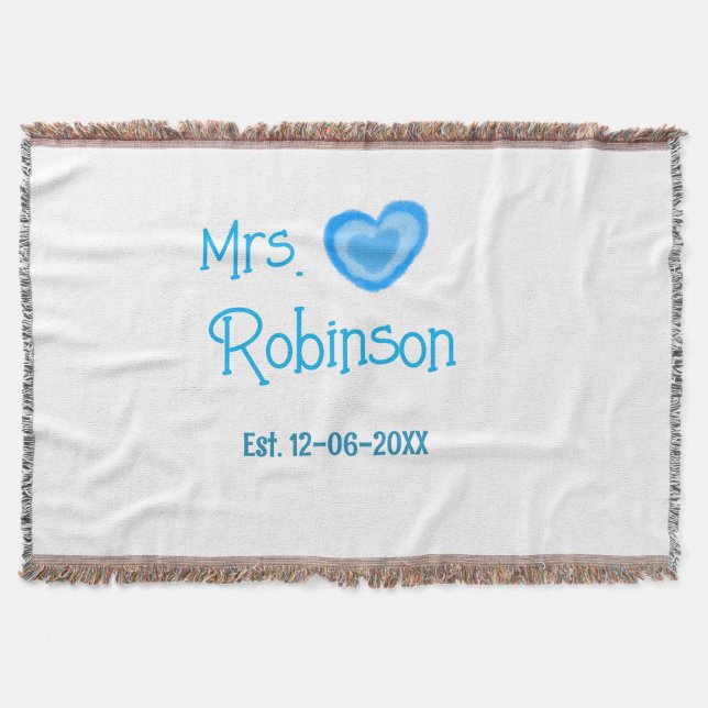 Bride to be Mrs add name date blue heart watercolo Throw Blanket (Front)