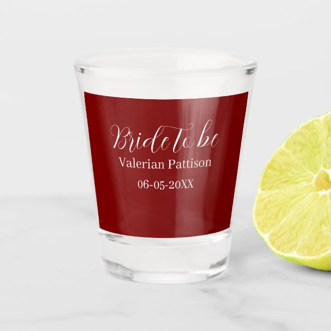 Bride to be name date mauve white bridal shower we shot glass (Front)