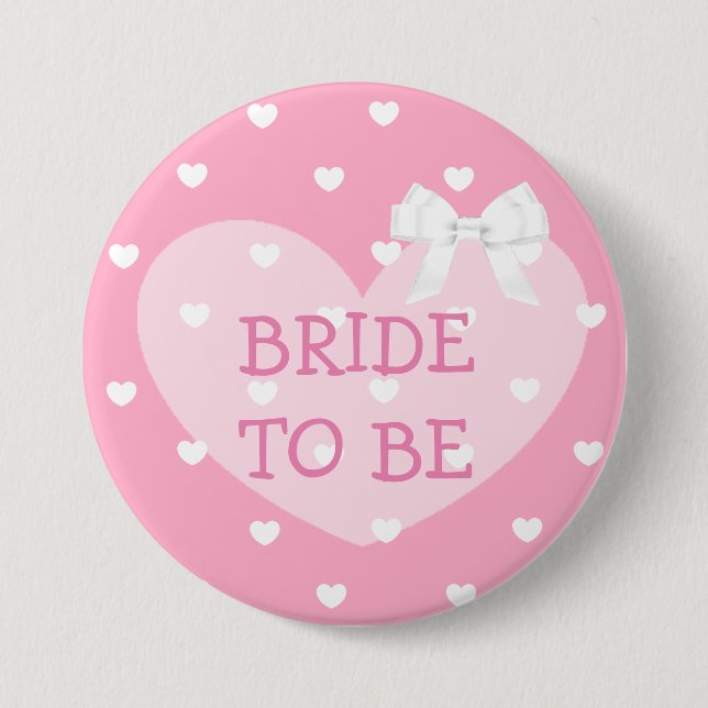 Bride to Be Pink Hearts White Bow Button (Front)