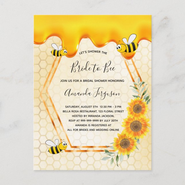 Bride to Bee gold sweet honey drips bridal shower Postcard (Front)