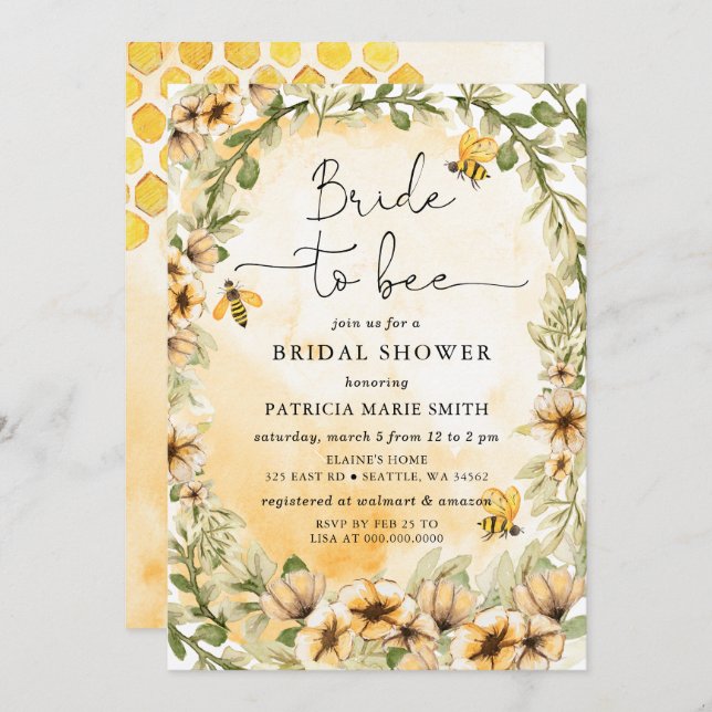 Bride To Bee Honeybee Floral Bridal Shower Invitation (Front/Back)