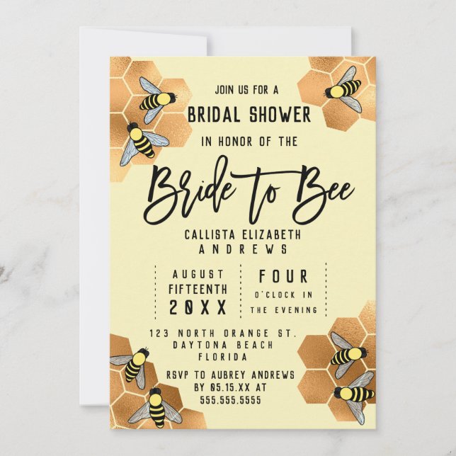 Bride to Bee Quote Gold Honeycomb Bridal Shower Invitation (Front)