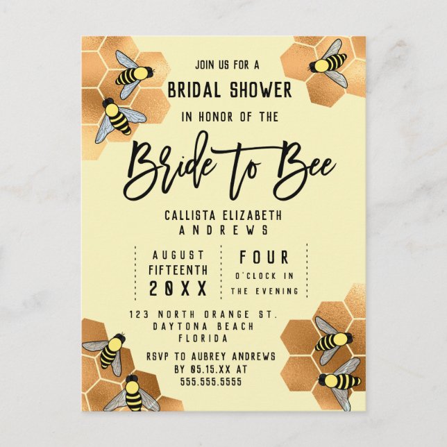 Bride to Bee Quote Gold Honeycomb Bridal Shower Invitation Postcard (Front)