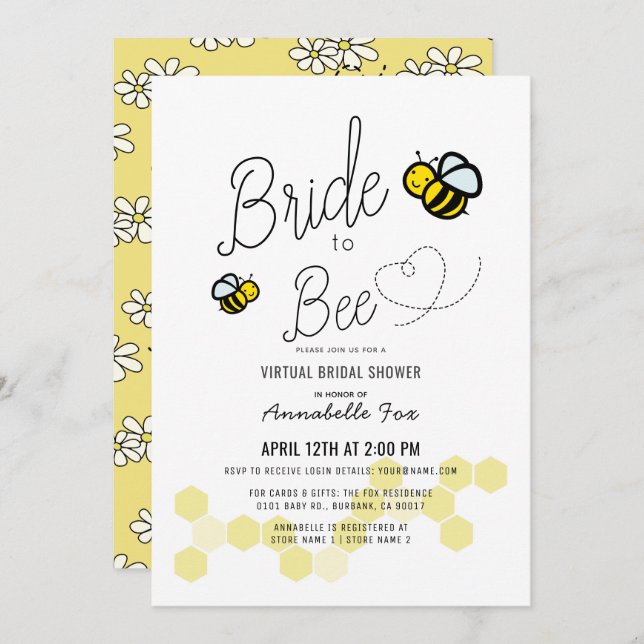 Bride to Bee White VIrtual Bridal Shower Invitation (Front/Back)