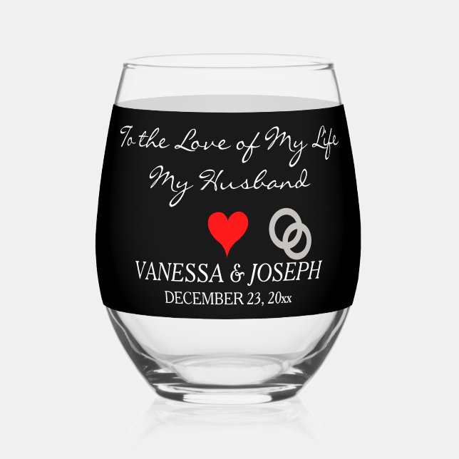 Bride to Groom Monogram Black Silver Rings Stemless Wine Glass (Front)
