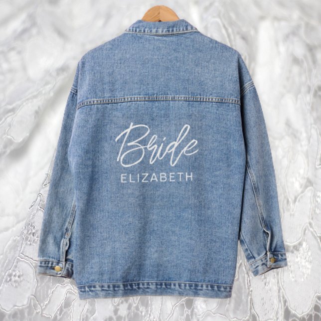 Bride Trendy Modern Script Denim Jacket (Stylishly Personalize with Your Custom Name.)