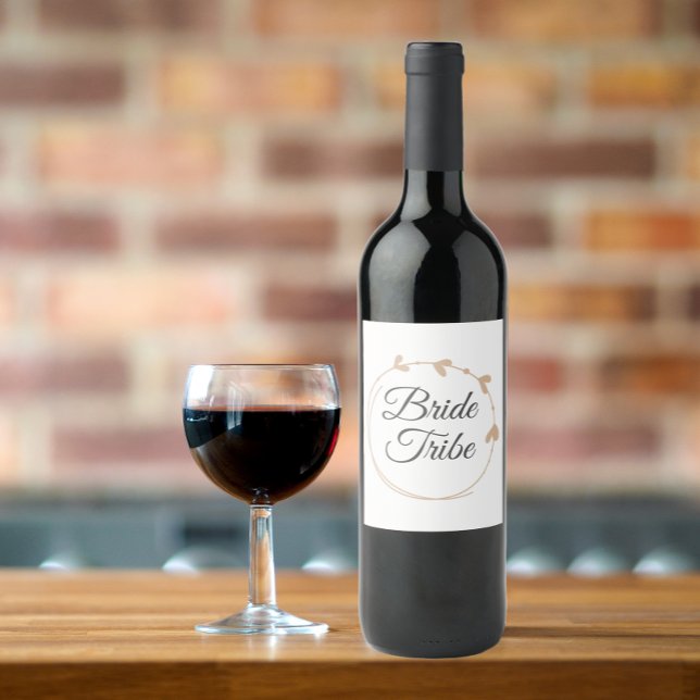 Bride Tribe Beige Simple Heart Wreath Wine Label (In Situ Glass of Wine)
